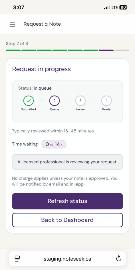 NoteSeek app interface showing a note request in progress